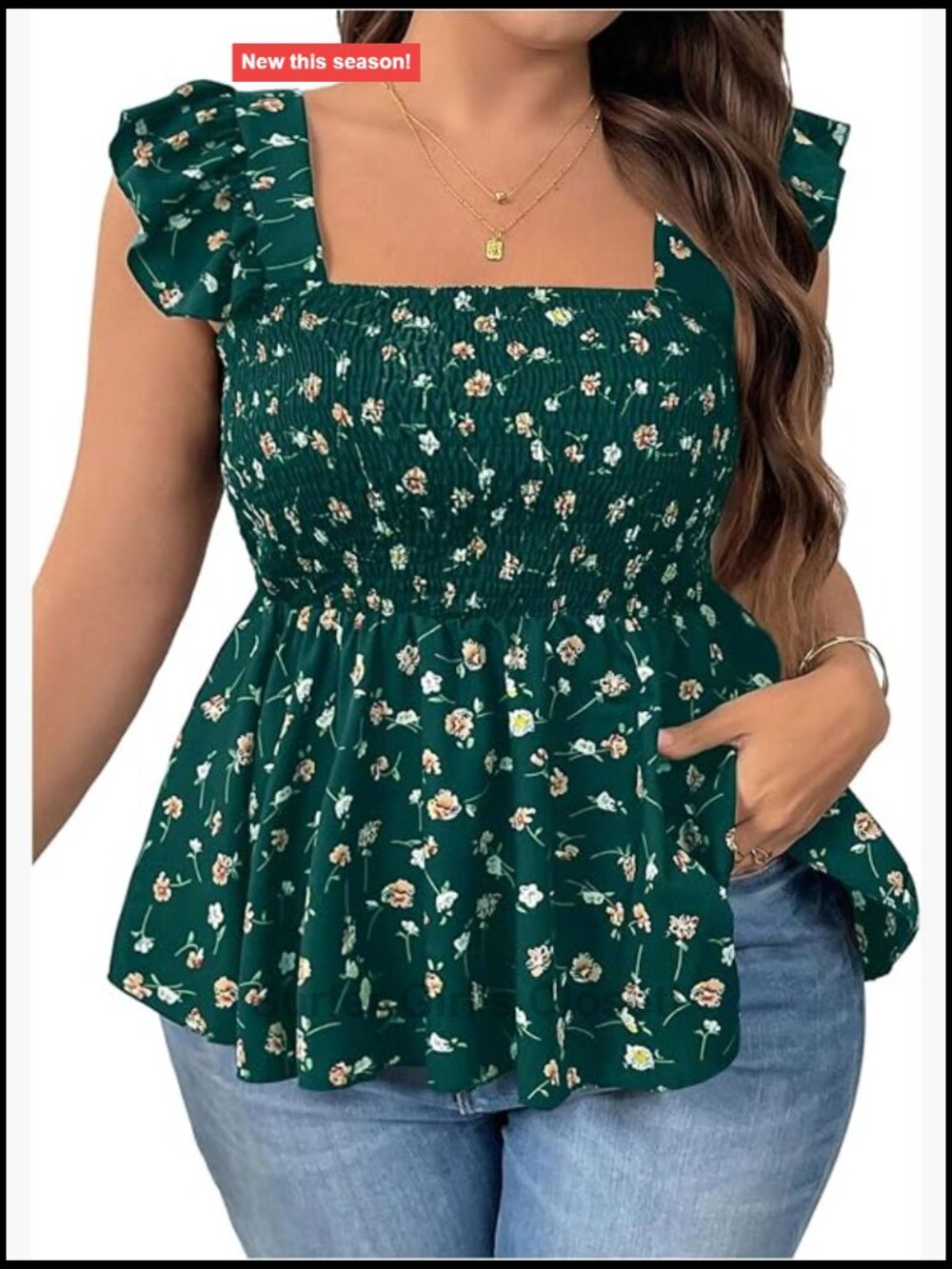 Plus Size Boho Floral Smocked Peplum Tank Top Ruffle Square Neck Sleeveless